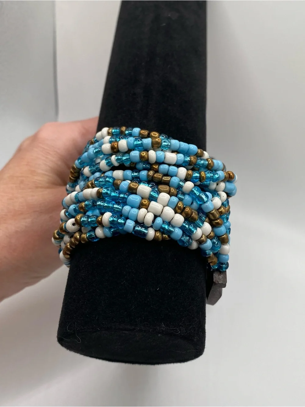Vintage Beaded Stretch Bracelet Set - Blue, White & Gold wood accents
